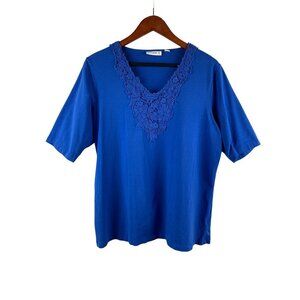 Susan Graver Womens Blue Crochet V-Neck Top L